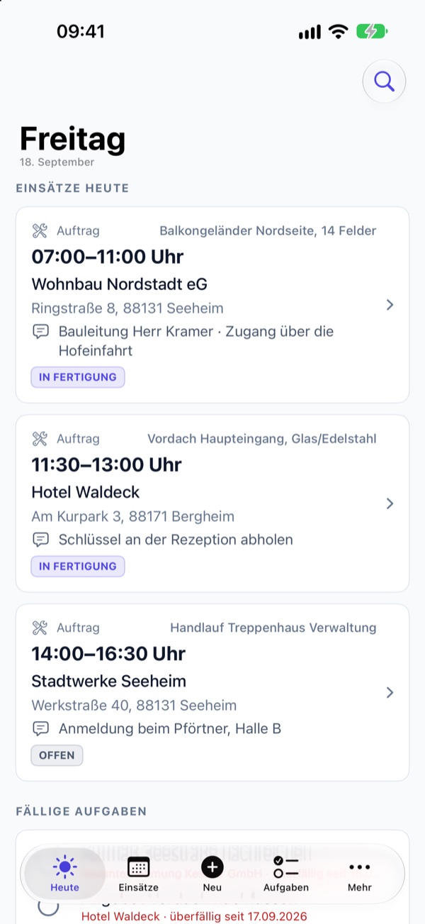 buro auf dem iPhone: die Einsätze des Tages mit Uhrzeit, Adresse und Status