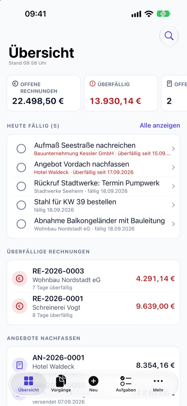 Übersicht in der buro-App: offene Rechnungen, fällige Aufgaben, überfällige Beträge